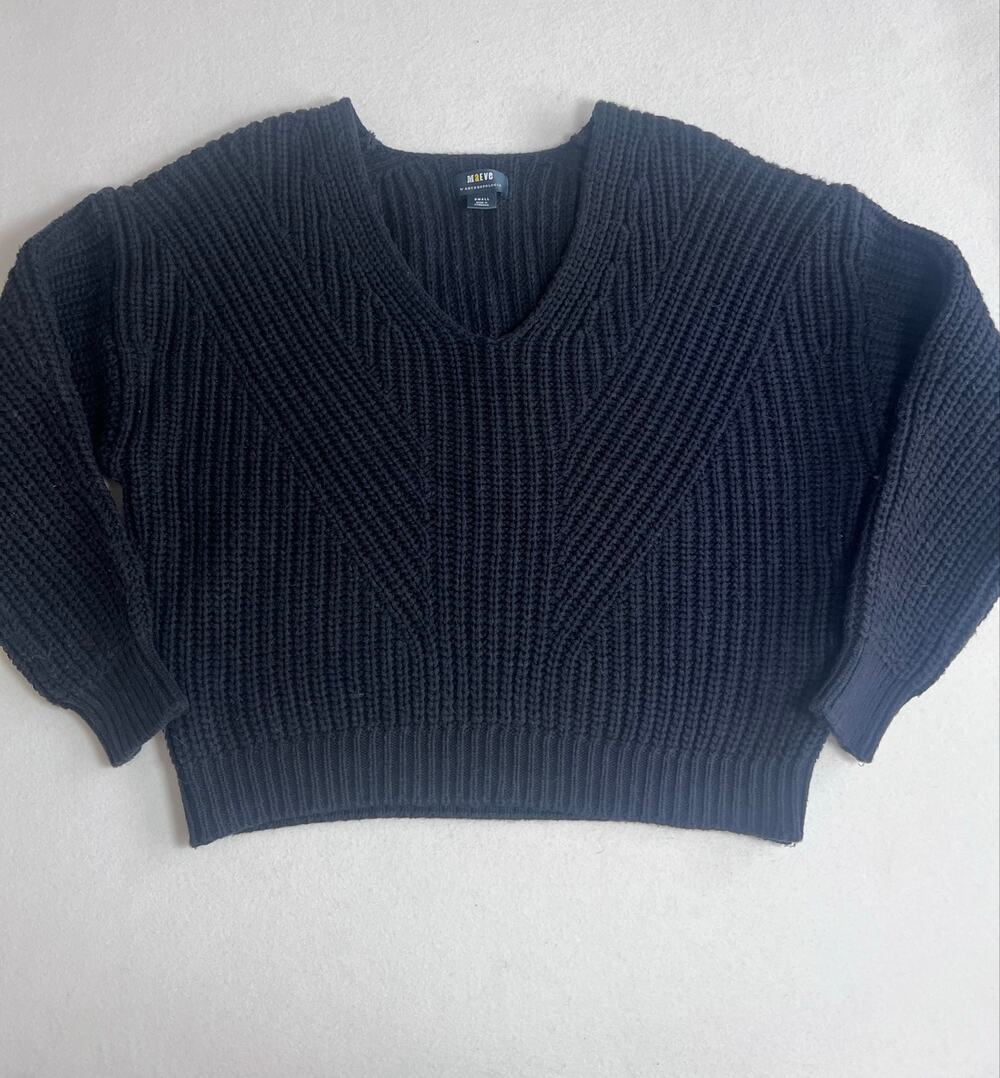 Anthropologie Maeve Womens S Black Chunky V Neck Sweater Wool Blend Cropped